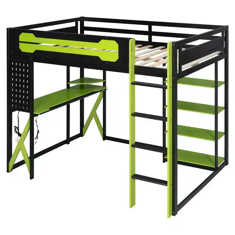 Struttura Letto a Soppalco in Legno Massello con Scrivania, Mensole, Presa di Corrente e Porte USB/Type-C
