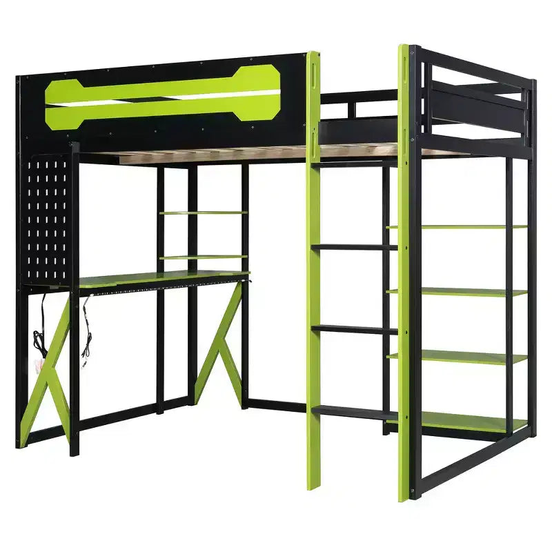 Struttura Letto a Soppalco in Legno Massello con Scrivania, Mensole, Presa di Corrente e Porte USB/Type-C