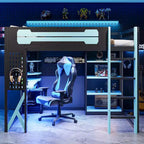 Hochbettgestell aus Massivholz mit Schreibtisch, Regalen, Steckdose und USB-/Type-C-Anschlüssen