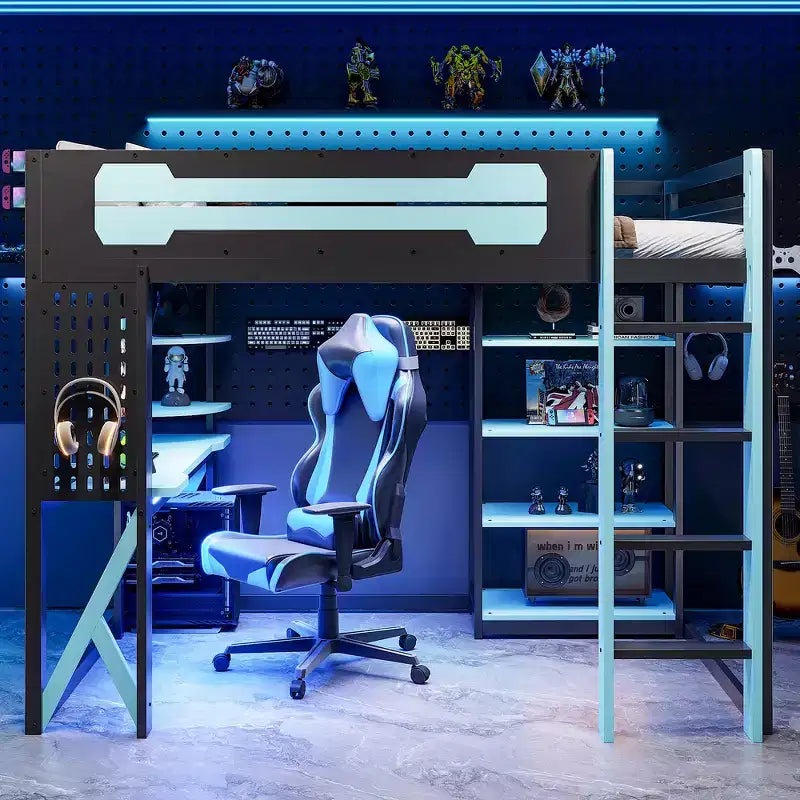 Full Wood Loft Bed Frame with Desk, Shelves, Power Outlet & USB/Type-C Ports