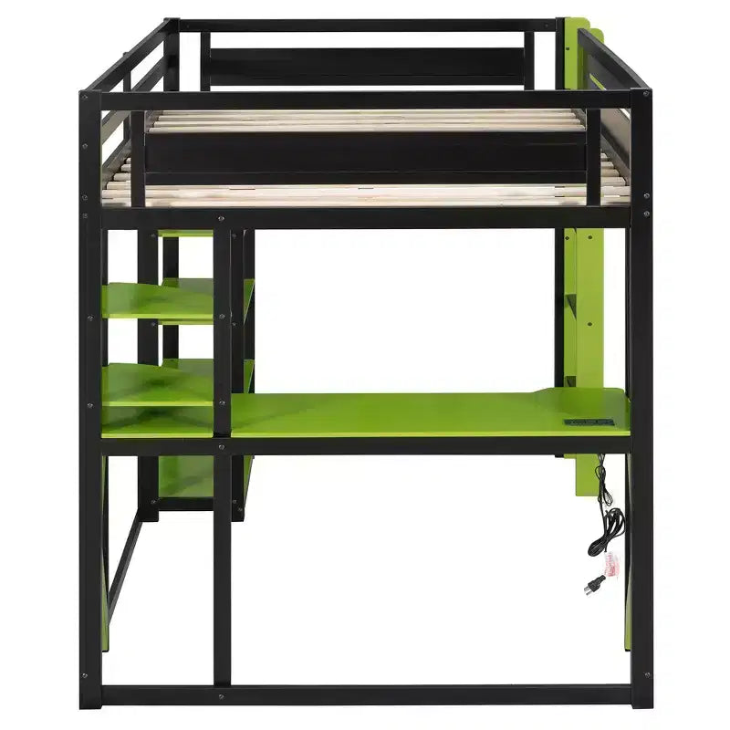 Struttura Letto a Soppalco in Legno Massello con Scrivania, Mensole, Presa di Corrente e Porte USB/Type-C