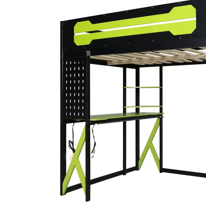 Struttura Letto a Soppalco in Legno Massello con Scrivania, Mensole, Presa di Corrente e Porte USB/Type-C