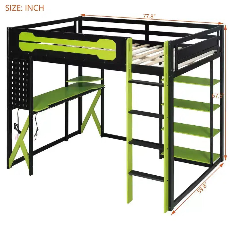 Struttura Letto a Soppalco in Legno Massello con Scrivania, Mensole, Presa di Corrente e Porte USB/Type-C