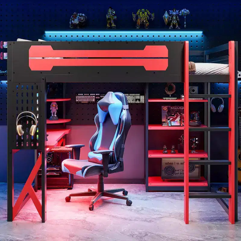 Struttura Letto a Soppalco in Legno Massello con Scrivania, Mensole, Presa di Corrente e Porte USB/Type-C