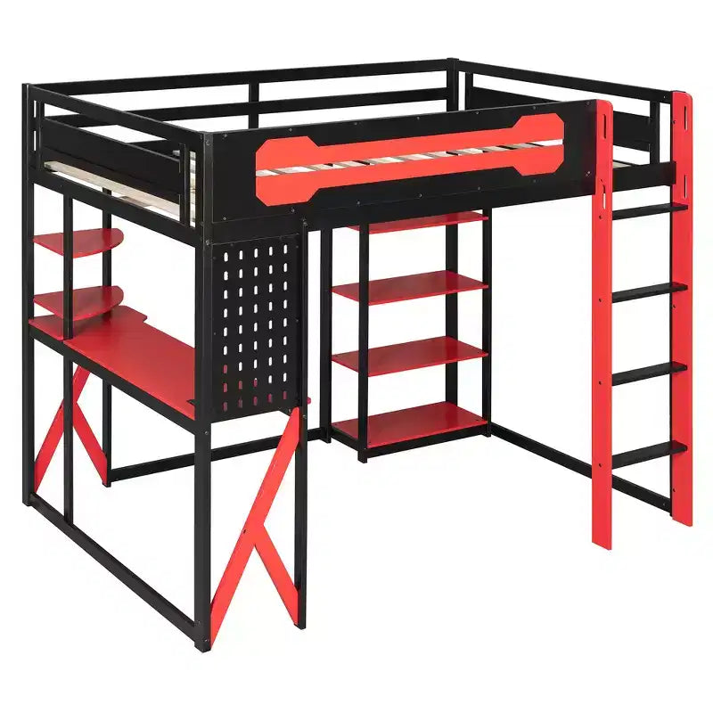 Struttura Letto a Soppalco in Legno Massello con Scrivania, Mensole, Presa di Corrente e Porte USB/Type-C