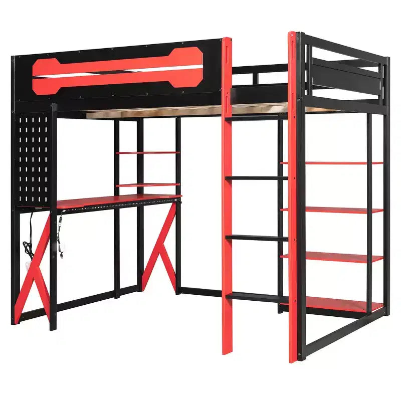 Struttura Letto a Soppalco in Legno Massello con Scrivania, Mensole, Presa di Corrente e Porte USB/Type-C