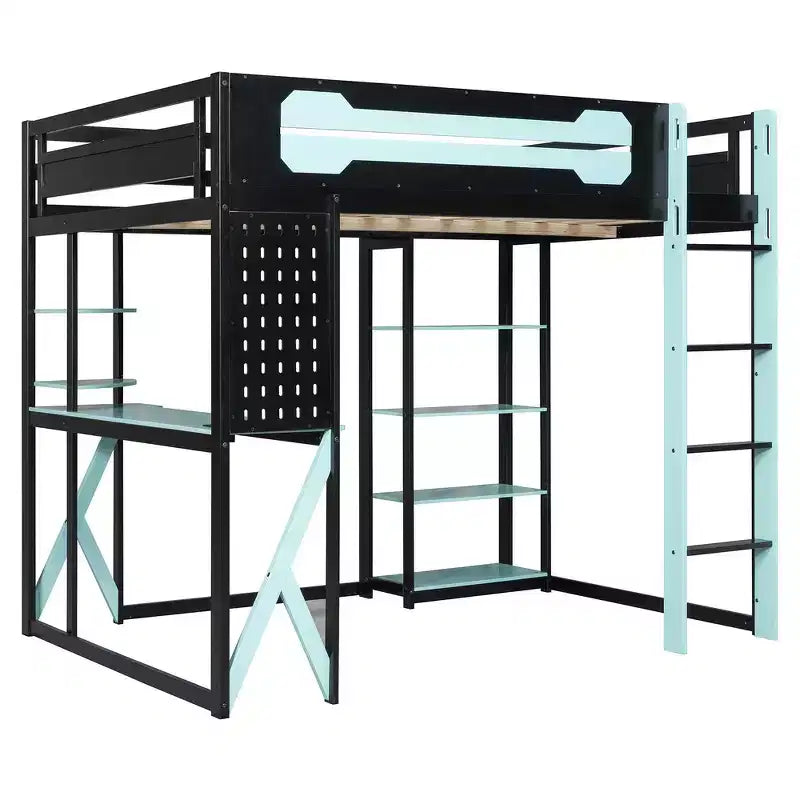 Full Wood Loft Bed Frame with Desk, Shelves, Power Outlet & USB/Type-C Ports