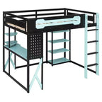 Hochbettgestell aus Massivholz mit Schreibtisch, Regalen, Steckdose und USB-/Type-C-Anschlüssen