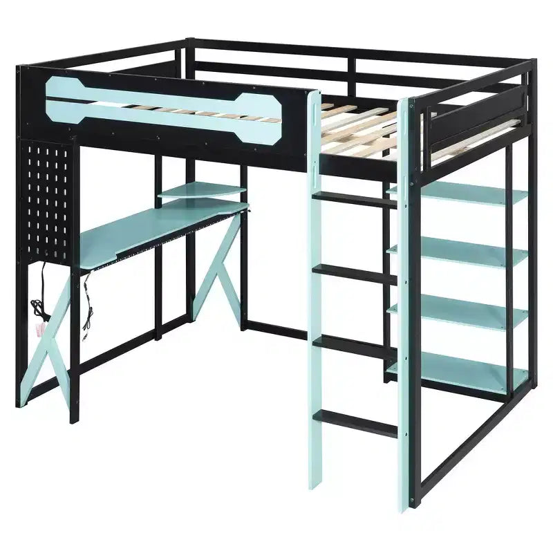 Full Wood Loft Bed Frame with Desk, Shelves, Power Outlet & USB/Type-C Ports