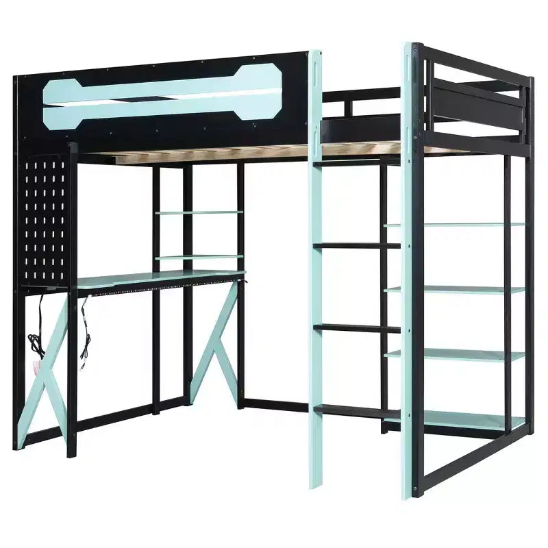 Struttura Letto a Soppalco in Legno Massello con Scrivania, Mensole, Presa di Corrente e Porte USB/Type-C