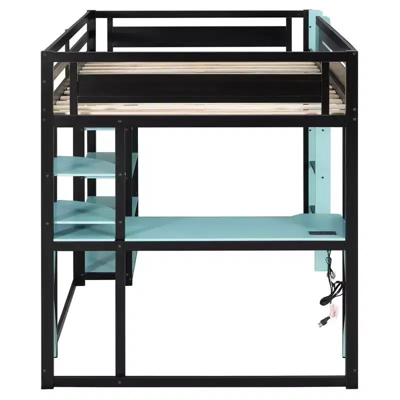 Struttura Letto a Soppalco in Legno Massello con Scrivania, Mensole, Presa di Corrente e Porte USB/Type-C