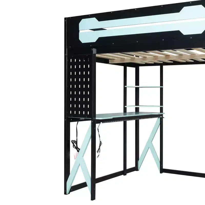 Struttura Letto a Soppalco in Legno Massello con Scrivania, Mensole, Presa di Corrente e Porte USB/Type-C