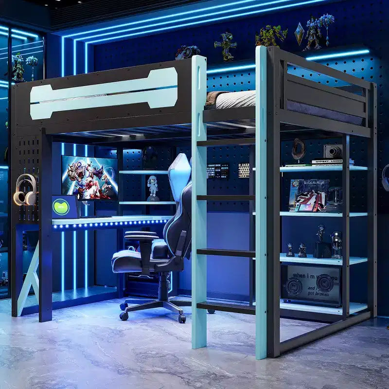 Whisen Full Wood Loft Bed Frame with Desk, Shelves, Power Outlet & USB/Type-C Ports