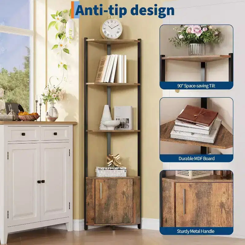 Corner Shelf, Adjustable Brightness, Modern Metal Frame & Wood Display Rack, Space-Saving Organizer for Living Room, Bedroom, Kitchen