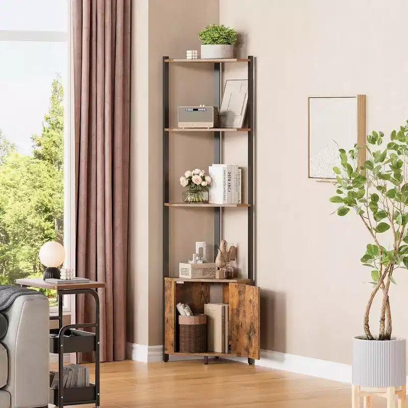Corner Shelf, Adjustable Brightness, Modern Metal Frame & Wood Display Rack, Space-Saving Organizer for Living Room, Bedroom, Kitchen