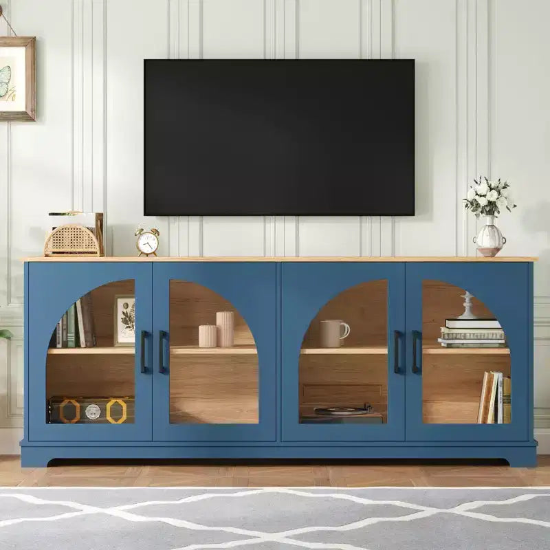 Farmhouse TV Stand for TVs Up to 70 with Semi-Arched Glass Doors, Two-Tone Media Console Sideboard with Adjustable Shelves