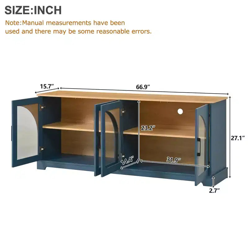 Farmhouse TV Stand for TVs Up to 70 with Semi-Arched Glass Doors, Two-Tone Media Console Sideboard with Adjustable Shelves