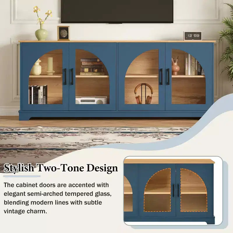 Farmhouse TV Stand for TVs Up to 70 with Semi-Arched Glass Doors, Two-Tone Media Console Sideboard with Adjustable Shelves