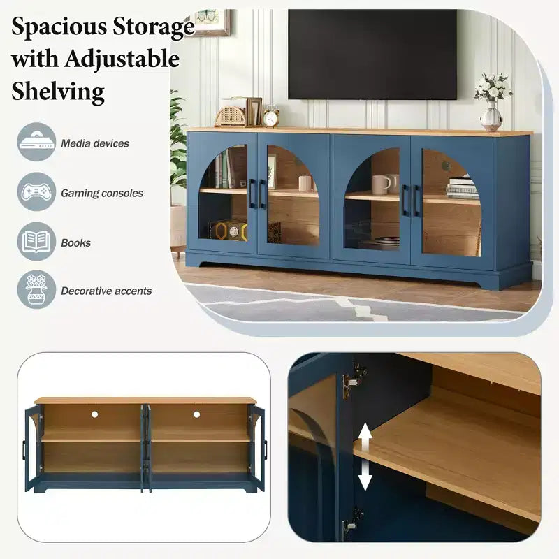 Farmhouse TV Stand for TVs Up to 70 with Semi-Arched Glass Doors, Two-Tone Media Console Sideboard with Adjustable Shelves