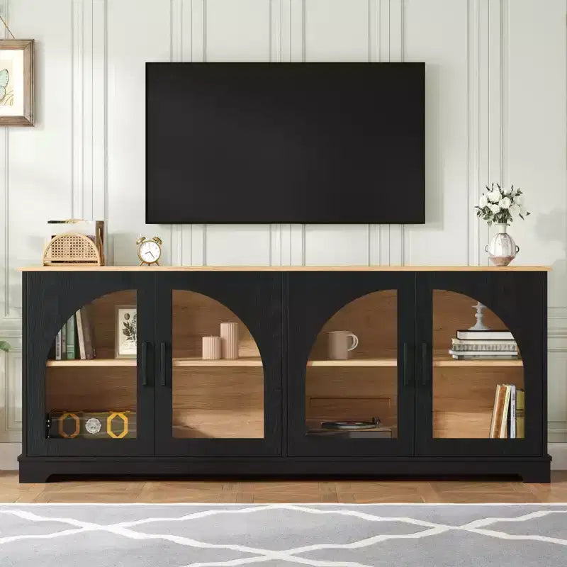 Farmhouse TV Stand for TVs Up to 70 with Semi-Arched Glass Doors, Two-Tone Media Console Sideboard with Adjustable Shelves
