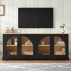 Mobile TV in stile rustico per televisori fino a 70 con ante in vetro semi-arcuate, credenza bicolore per apparecchi multimediali con ripiani regolabili