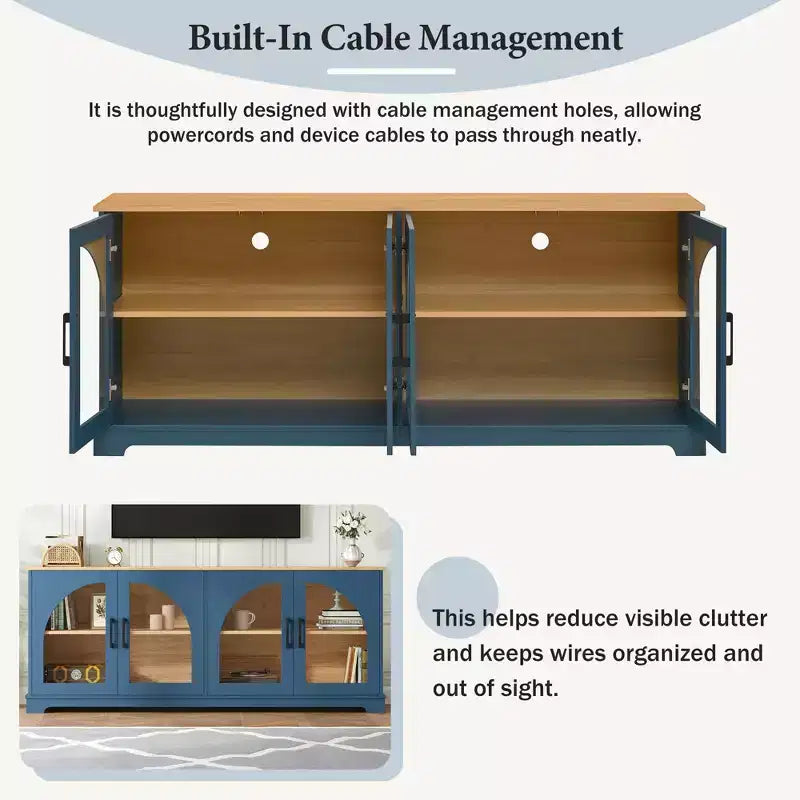 Farmhouse TV Stand for TVs Up to 70 with Semi-Arched Glass Doors, Two-Tone Media Console Sideboard with Adjustable Shelves