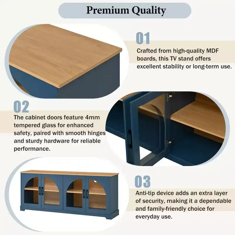 Farmhouse TV Stand for TVs Up to 70 with Semi-Arched Glass Doors, Two-Tone Media Console Sideboard with Adjustable Shelves