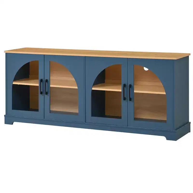Farmhouse TV Stand for TVs Up to 70 with Semi-Arched Glass Doors, Two-Tone Media Console Sideboard with Adjustable Shelves