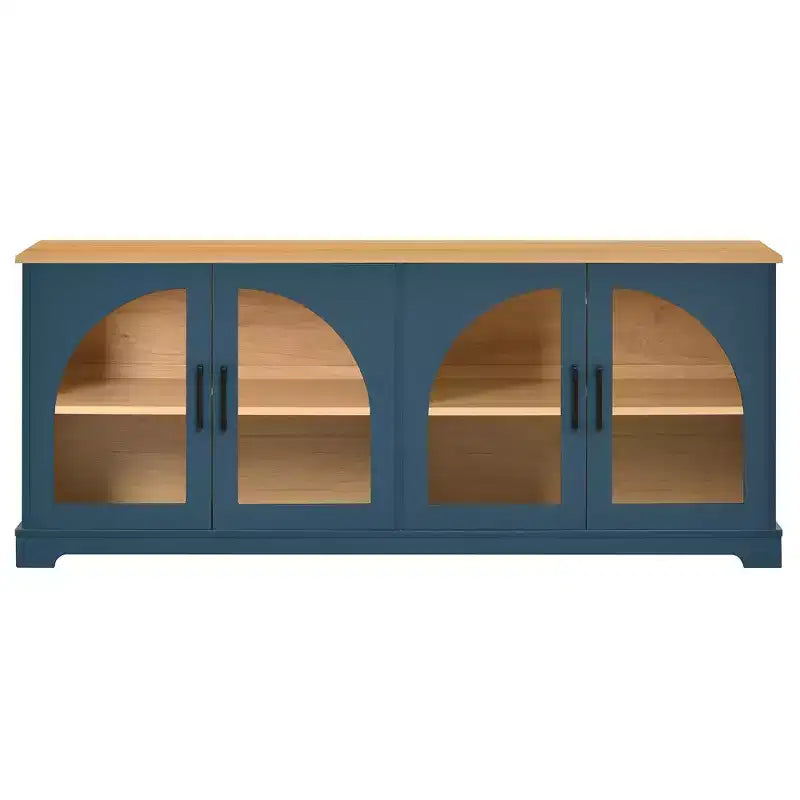 Farmhouse TV Stand for TVs Up to 70 with Semi-Arched Glass Doors, Two-Tone Media Console Sideboard with Adjustable Shelves