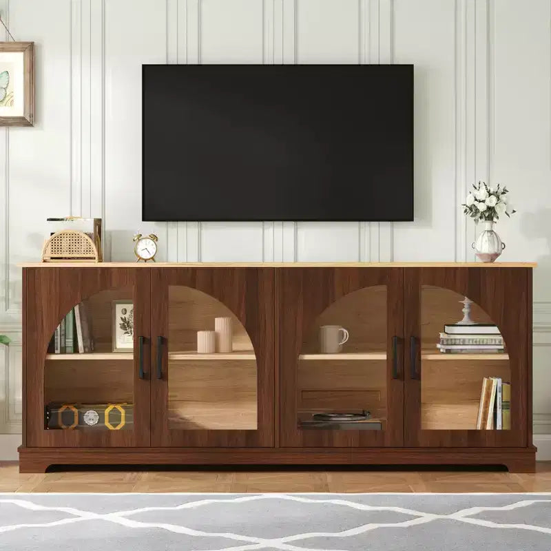 Farmhouse TV Stand for TVs Up to 70 with Semi-Arched Glass Doors, Two-Tone Media Console Sideboard with Adjustable Shelves