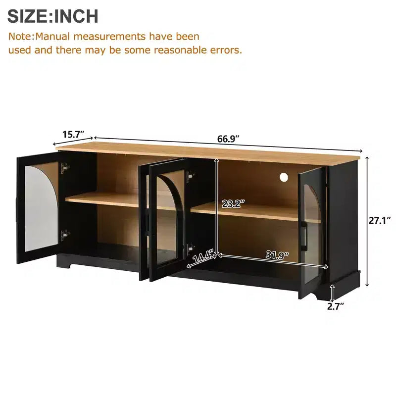 Farmhouse TV Stand for TVs Up to 70 with Semi-Arched Glass Doors, Two-Tone Media Console Sideboard with Adjustable Shelves