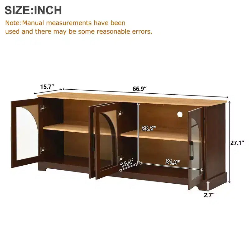 Farmhouse TV Stand for TVs Up to 70 with Semi-Arched Glass Doors, Two-Tone Media Console Sideboard with Adjustable Shelves