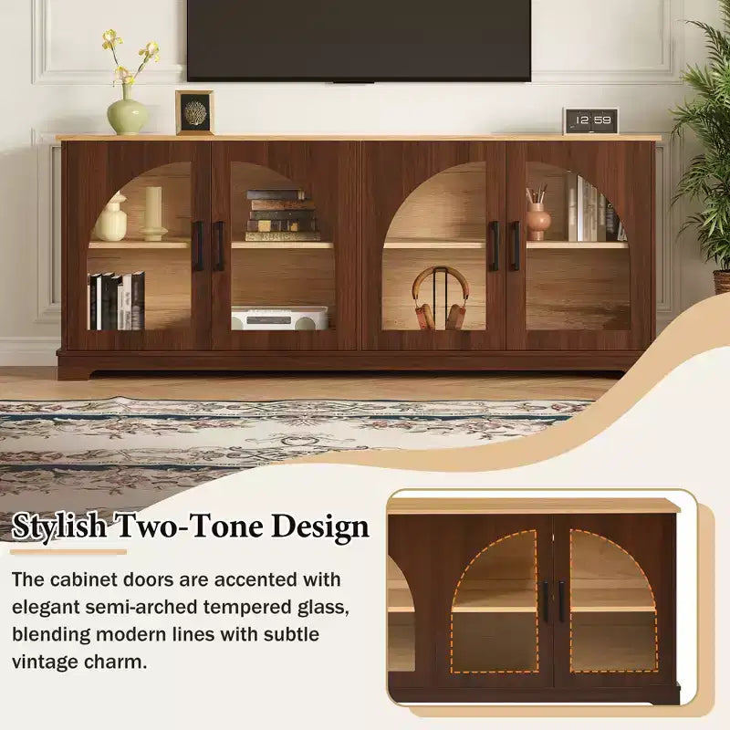 Farmhouse TV Stand for TVs Up to 70 with Semi-Arched Glass Doors, Two-Tone Media Console Sideboard with Adjustable Shelves