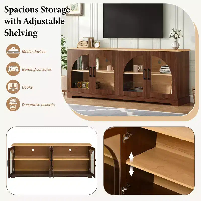 Farmhouse TV Stand for TVs Up to 70 with Semi-Arched Glass Doors, Two-Tone Media Console Sideboard with Adjustable Shelves