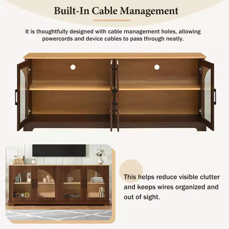 Farmhouse TV Stand for TVs Up to 70 with Semi-Arched Glass Doors, Two-Tone Media Console Sideboard with Adjustable Shelves