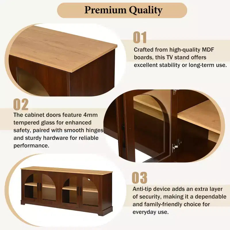 Farmhouse TV Stand for TVs Up to 70 with Semi-Arched Glass Doors, Two-Tone Media Console Sideboard with Adjustable Shelves