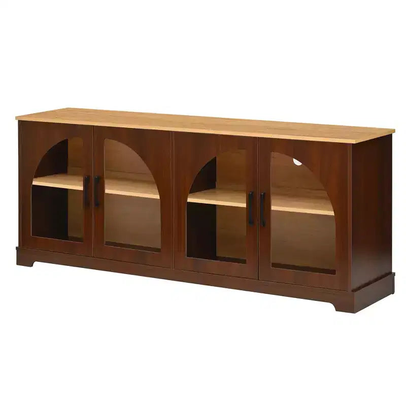 Farmhouse TV Stand for TVs Up to 70 with Semi-Arched Glass Doors, Two-Tone Media Console Sideboard with Adjustable Shelves