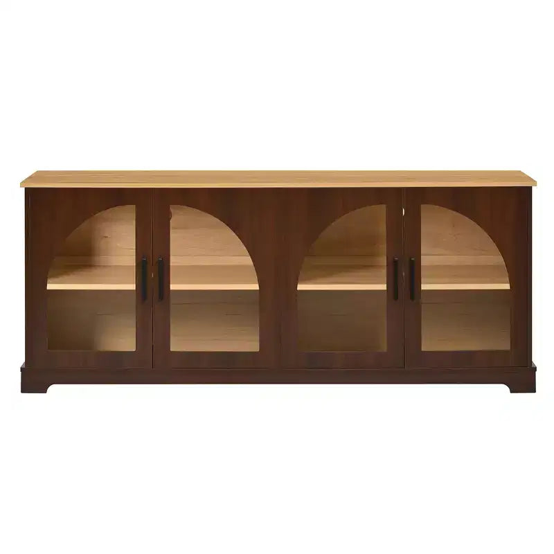 Farmhouse TV Stand for TVs Up to 70 with Semi-Arched Glass Doors, Two-Tone Media Console Sideboard with Adjustable Shelves