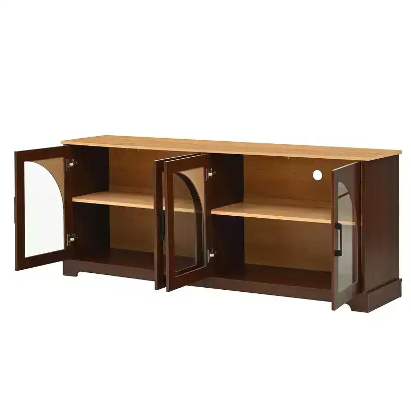 Farmhouse TV Stand for TVs Up to 70 with Semi-Arched Glass Doors, Two-Tone Media Console Sideboard with Adjustable Shelves
