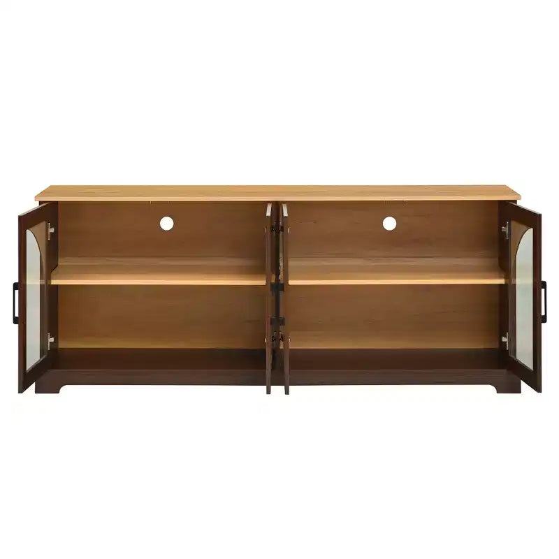 Farmhouse TV Stand for TVs Up to 70 with Semi-Arched Glass Doors, Two-Tone Media Console Sideboard with Adjustable Shelves