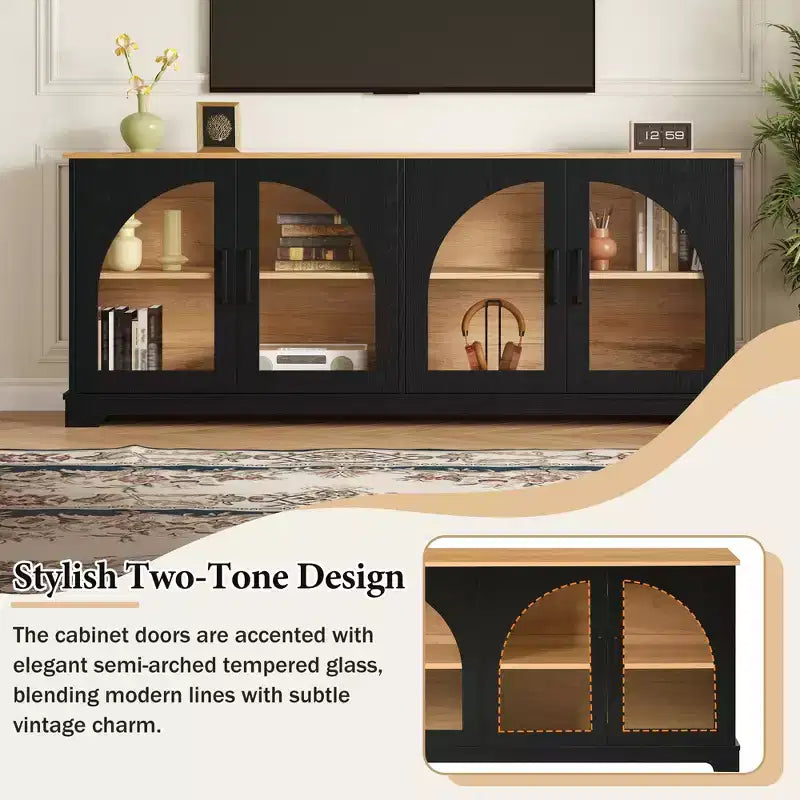 Farmhouse TV Stand for TVs Up to 70 with Semi-Arched Glass Doors, Two-Tone Media Console Sideboard with Adjustable Shelves
