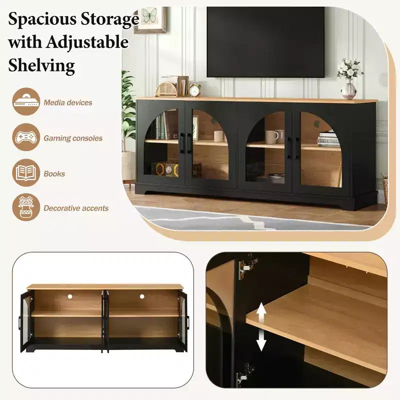 Farmhouse TV Stand for TVs Up to 70 with Semi-Arched Glass Doors, Two-Tone Media Console Sideboard with Adjustable Shelves
