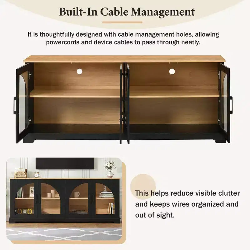 Farmhouse TV Stand for TVs Up to 70 with Semi-Arched Glass Doors, Two-Tone Media Console Sideboard with Adjustable Shelves