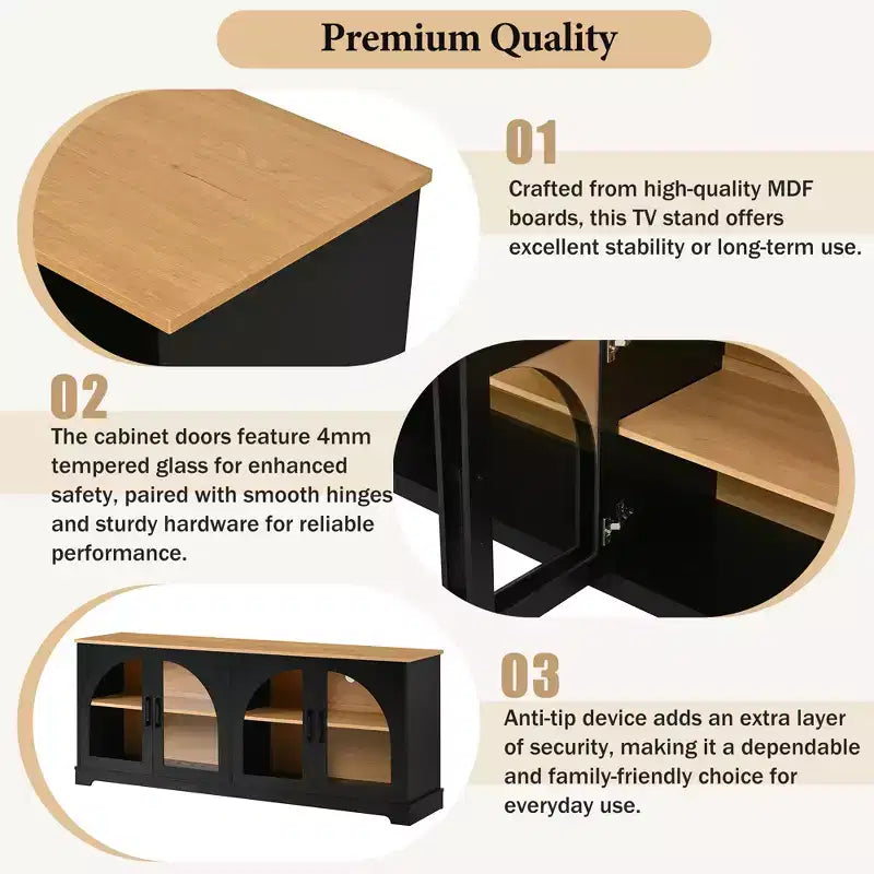 Farmhouse TV Stand for TVs Up to 70 with Semi-Arched Glass Doors, Two-Tone Media Console Sideboard with Adjustable Shelves