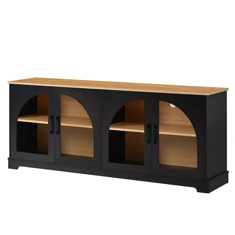 Farmhouse TV Stand for TVs Up to 70 with Semi-Arched Glass Doors, Two-Tone Media Console Sideboard with Adjustable Shelves