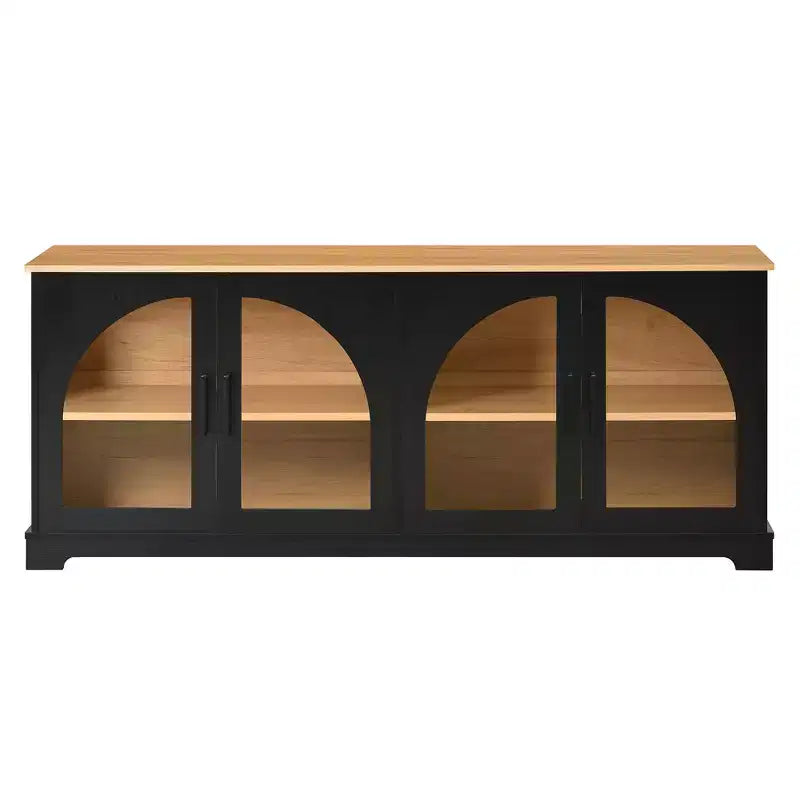 Farmhouse TV Stand for TVs Up to 70 with Semi-Arched Glass Doors, Two-Tone Media Console Sideboard with Adjustable Shelves