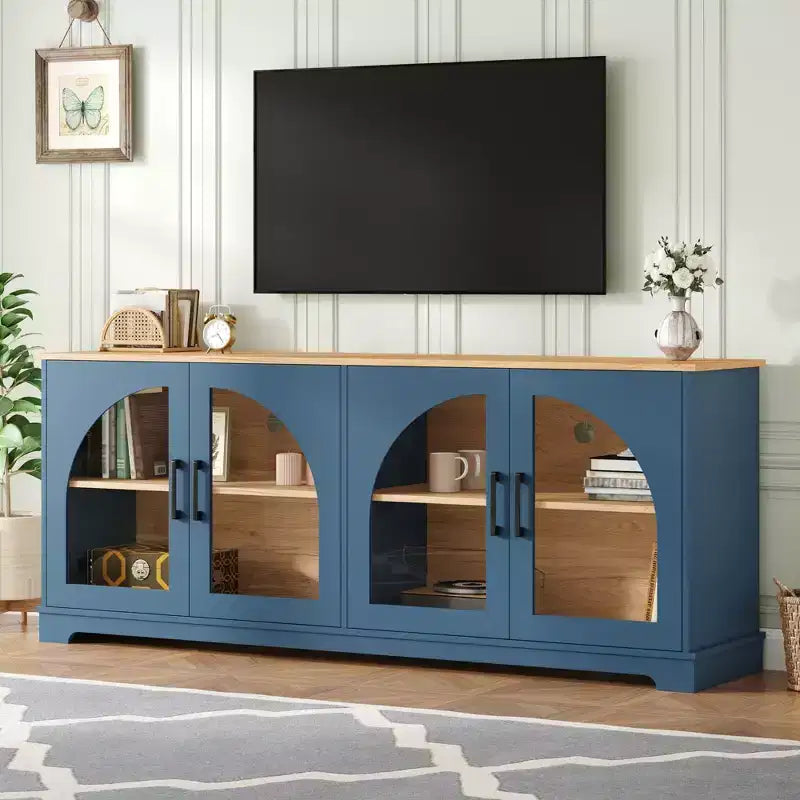 Farmhouse TV Stand for TVs Up to 70 with Semi-Arched Glass Doors, Two-Tone Media Console Sideboard with Adjustable Shelves