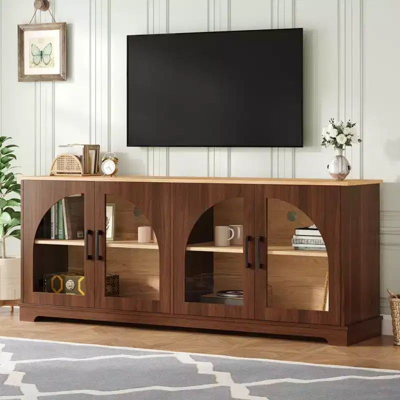 Farmhouse TV Stand for TVs Up to 70 with Semi-Arched Glass Doors, Two-Tone Media Console Sideboard with Adjustable Shelves