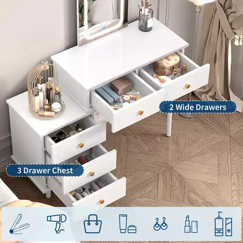 Makeup Vanity Desk with Mirror and Lights, Modern White Vanity Table with 2 Drawers & Adjustable 3-Drawer Cabinet, Wood Dressing Table