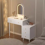 Make-uptafel met spiegel en verlichting, moderne witte kaptafel met 2 laden en verstelbare kast met 3 laden, houten kaptafel
